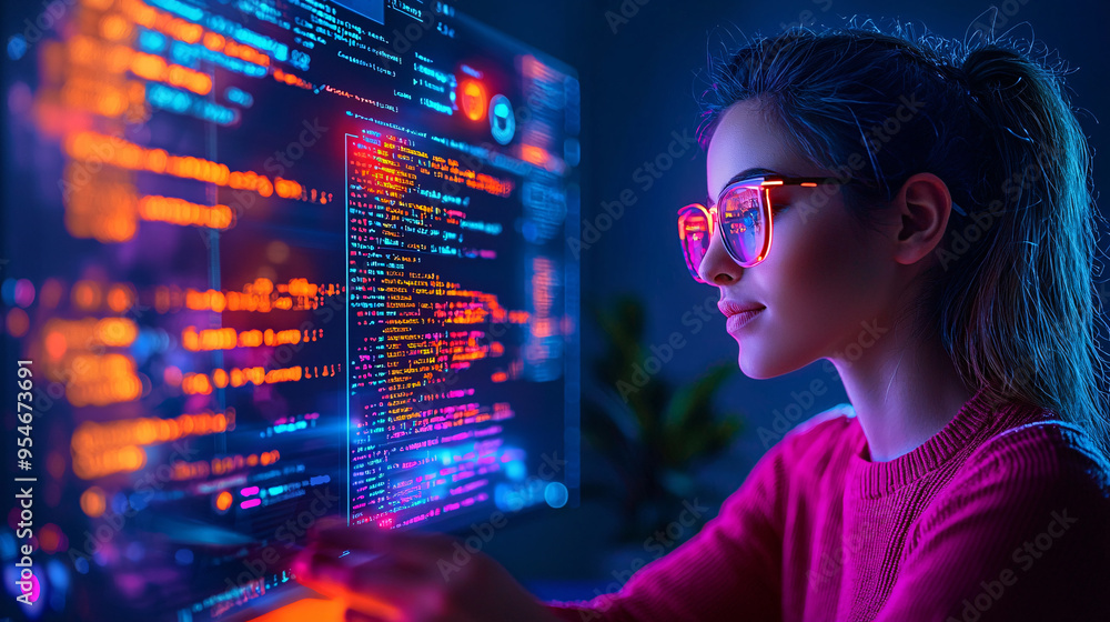 Poster a focused individual coding at a brightly lit computer screen, surrounded by colorful digital graphi