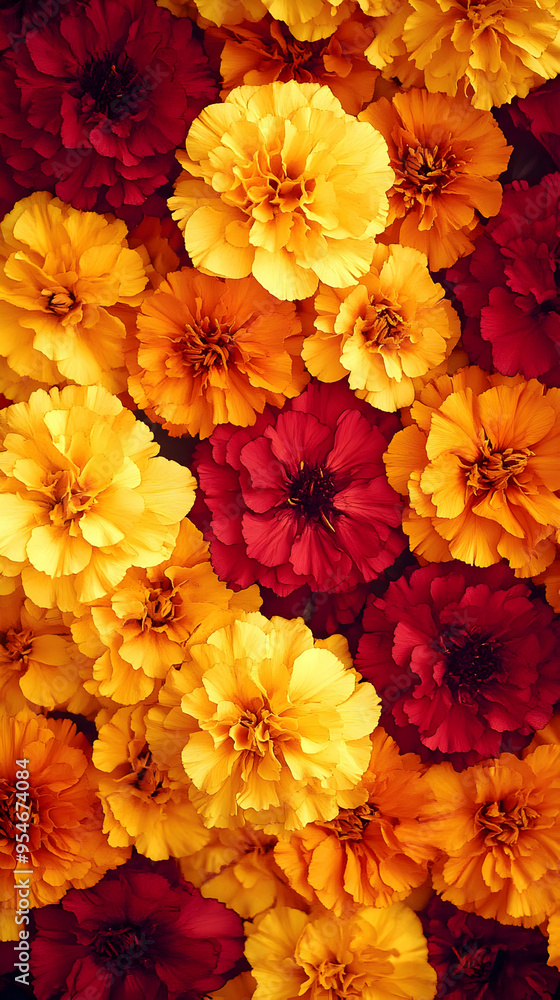 Wall mural Close-up of vibrant yellow and red marigold flowers.