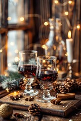 Fototapeta premium Cozy Winter Scene: Mulled Wine with Holiday Decor, Cinnamon Sticks, Pinecones, and Warm Lighting