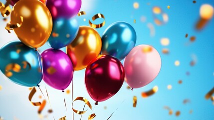 A colorful collection of balloons floating amidst a bright blue sky, celebrating joy and festivity with confetti.