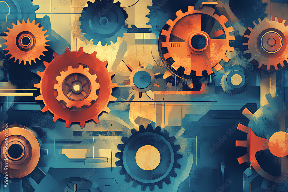 Poster a businessman stands in front of a large gear, interacting with data on a laptop, representing the c
