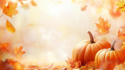 Naklejka premium Autumn wide banner with Orange Pumpkins, Colored Autumn Leaves Against Blurred Pastel Background. Thanksgiving Day Or Autumn Seasonal Sale Concept with space for text with generative ai