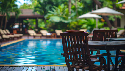 Fototapeta premium Many chairs and table near outdoors swimming pool at resort
