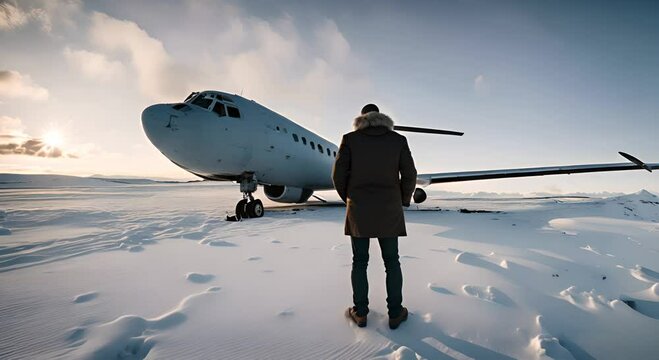 Man looking an Abandoned plane in Iceland.