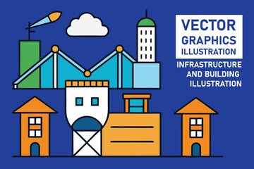 Fototapeta premium Urban infrastructure illustration collection colorful on blue background. Urban infrastructure bold and solid line. Vector graphics