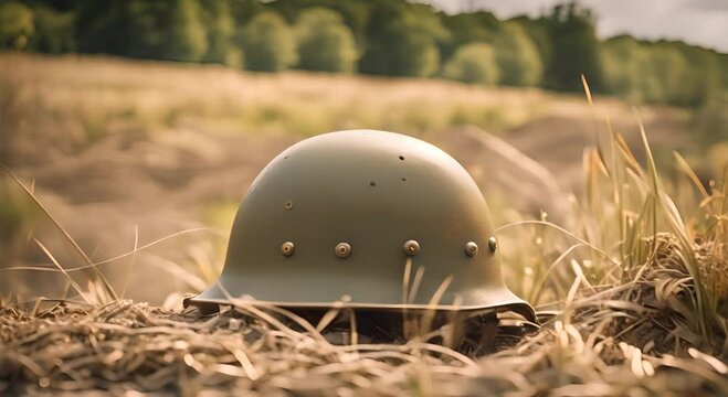 Military helmet on the battlefield.