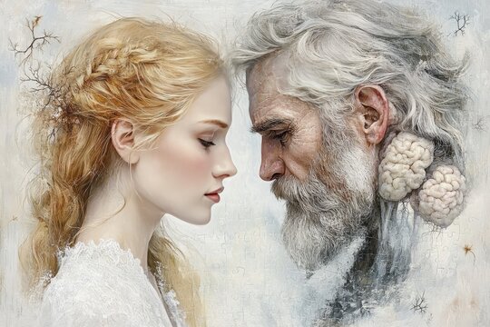 Learning mechanism Integrated Vintage style romantic portrait of an elderly couple with illuminated brains symbolizing the enduring power of love and shared memories over time