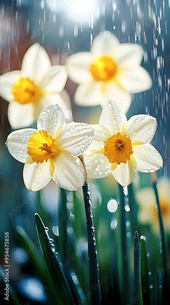 Wall mural Daffodils blooming in the rain.