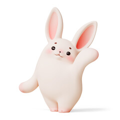 Simple fat kawaii soft fluffy cartoon bunny with eyebrows, pink ears, cheeks standing waving with one hand, greeting, saying hi, friendly gesture. Cute adorable pet. 3d render isolated white backdrop.