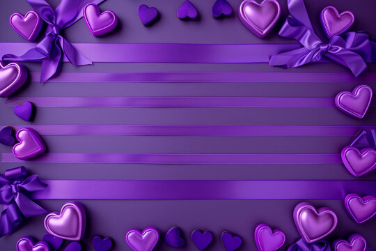 Purple Stripes and hearts with Ribbon and center for copy-space, Purple Celebration Background


