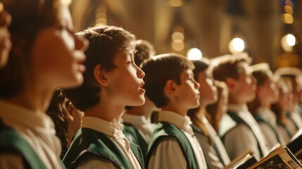A group of children are sitting in a church choir, with their hands clasped
