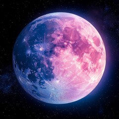 Fototapeta premium A stunning cosmic scene featuring a vibrant moon illuminated in shades of pink and blue, set against a deep starry sky.