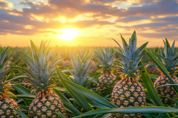 Obraz premium Pineapple fruits in pineapple farming with sunrise background