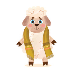 Fun lovely fall sheep in a green scarf in watercolor style. Autumn forest character or mascot. Vector illustration isolated on white background.