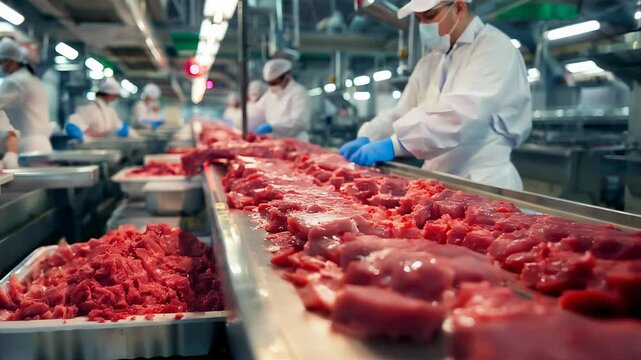 Production food factory. Factory for the production of food from meat. Industrial equipment at a beef factory. Automated production line in modern food factory.People working. butcher