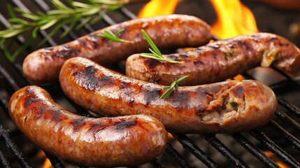 Steak. Grill. Barbecue. Meat. Sausages cooked on the grill. Cooking sausages on an open fire grill-barbecue. Grill, pork, beef, barbecue on fire