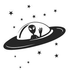 Alien Piloting UFO Silhouette Vector Art Illustration