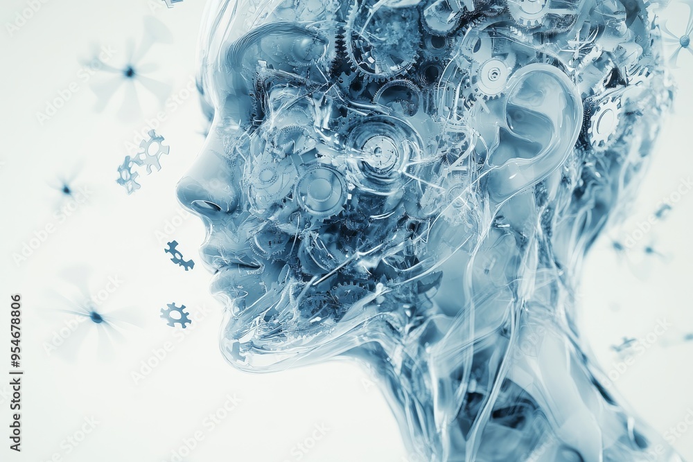 Poster memory processing synthesizing futuristic profile of a woman with a digital mechanical overlay symbo