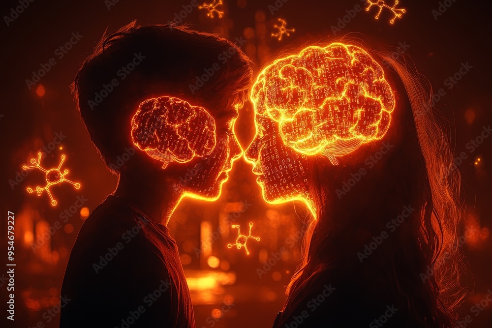 Poster perception synthesizing neon lit couple with fiery brains facing each other symbolizing the passiona