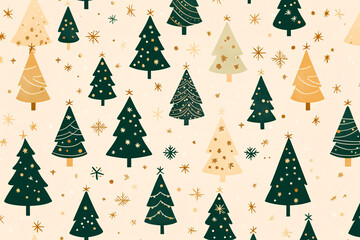 repeating pattern of Christmas trees in green and gold with star accents on a beige background