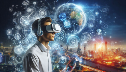 Naklejka premium DJ wearing headphones surrounded by digital technology and global connections