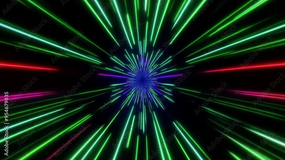 Poster abstract neon laser lights in tunnel effect on black background vibrant colorful lines in perspectiv