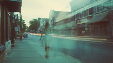 A woman walks along a quiet street in a white dress during twilight, capturing the essence of an evening stroll amid blurred city life