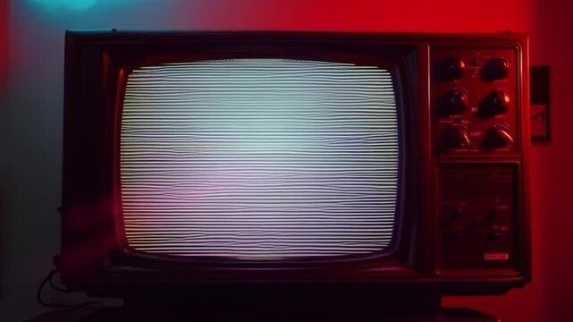 vintage television set static screen red blue lighting retro electronics old-fashioned entertainment device noise signal interruption video