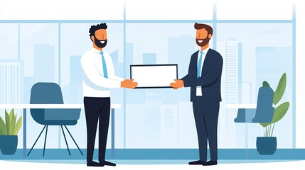 Two business professionals in an office exchange a document, symbolizing a successful negotiation or agreement.