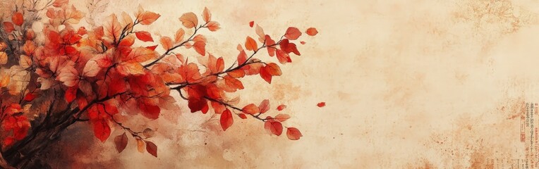 Autumn Leaves Watercolor Border on Beige Background