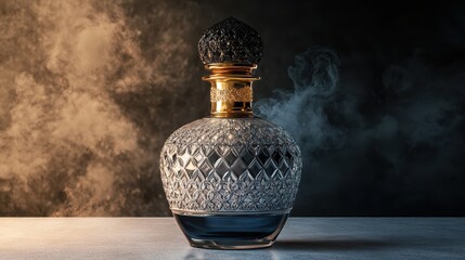 A stylish decorative perfume bottle with a unique design showcased on a subtle surface with a cloud of mist behind it