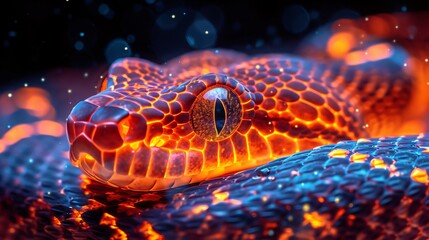 Captivating glowing serpent with scales glowing like hot coals, slithering across a bed of molten lava, its eyes burning bright