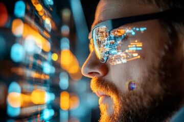 Man in Glasses Explores Futuristic Digital Interface with Immersive Virtual Data Visualization