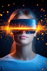 A young woman wearing futuristic VR goggles, illuminated by glowing particles, symbolizing technology and innovation in virtual reality.