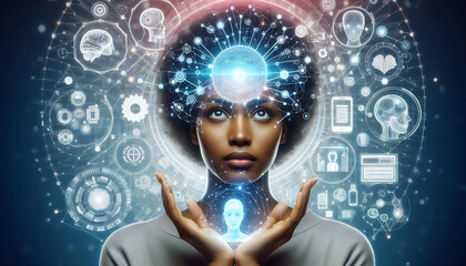 A stylish woman with a modern hairstyle is working on a computer, blending beauty and technology in a futuristic digital setting