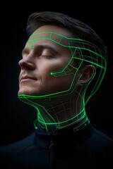 Fototapeta premium Man with futuristic green digital grid overlay on face and neck, black background, closed eyes, cyber technology concept.