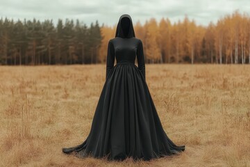 Mysterious figure in a flowing black dress stands alone in an autumn field, surrounded by golden trees and an overcast sky.