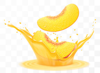 Fresh ripe peach slices falls into a splash of juice, isolated on transparent background. Realistic 3d vector illustration. Summer vitamin food and drink. Peach smoothie splash, vitamin cocktail