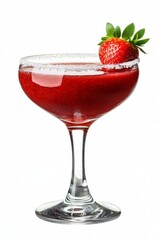 Strawberry Cocktail In Coupe Glass Isolated. Refreshing Summer Berry Drink With Fresh Garnish.