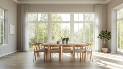 Fototapeta premium A warm and airy dining room with light wood furniture, neutral tones, and large windows that let in plenty of sunlight, creating a comfortable and inviting space. Ample copy space available.