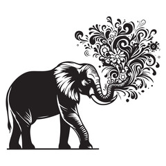 Elephant Clean Vector Silhouette, Floral Patern Coming out of Proboscis Trunk of Elephant, Elephant Snout
