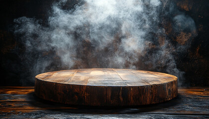 An empty old wooden podium with white smoke in a dimly lit room, perfect for a spooky Halloween product display or showcase.
