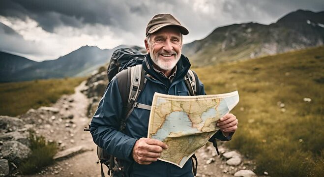 Hiker with a hiking map in the mountain.