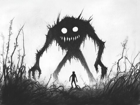 A haunting silhouette of a giant monster looming over a lone figure in a dark, eerie landscape, evoking fear and suspense.