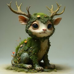 Fototapeta premium Cute Fantasy Creature with Antlers Moss and Flowers