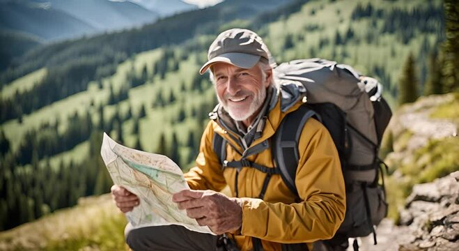 Hiker with a hiking map in the mountain.