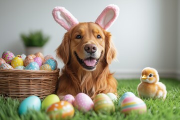 Easter bunny dog, A golden retriever dog wearing bunny ears, surrounded by colorful eggs on the ground with green grass.