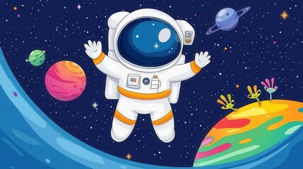 Astronauts in space celebrate with aliens under a starry night sky with planets.