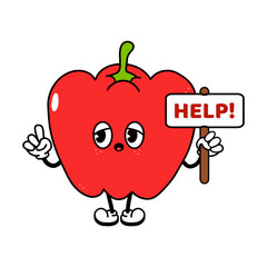Cute Bell pepper with an inscription help character. Vector hand drawn traditional cartoon vintage, retro, kawaii character illustration. Isolated white background. Bell pepper character