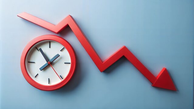 Interest rate symbol with a downward arrow on a clock face, time running out on savings